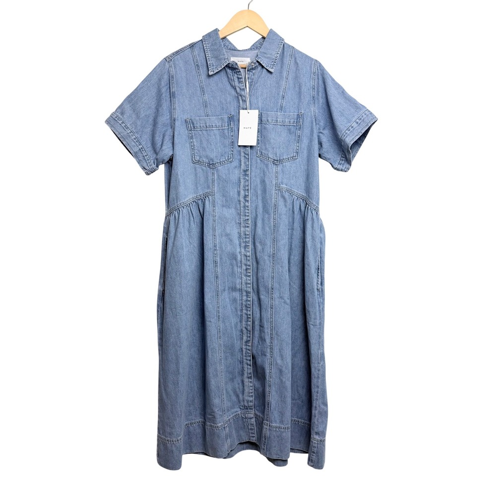 MAYE Montana Denim Dress Light Blue Short Sleeve Midi Button Front Size L NWT